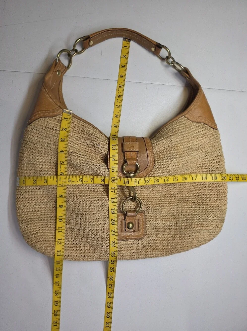 Coach Bleecker Millie Straw Raffia Leather Hobo Bag Summer Coastal Preppy
